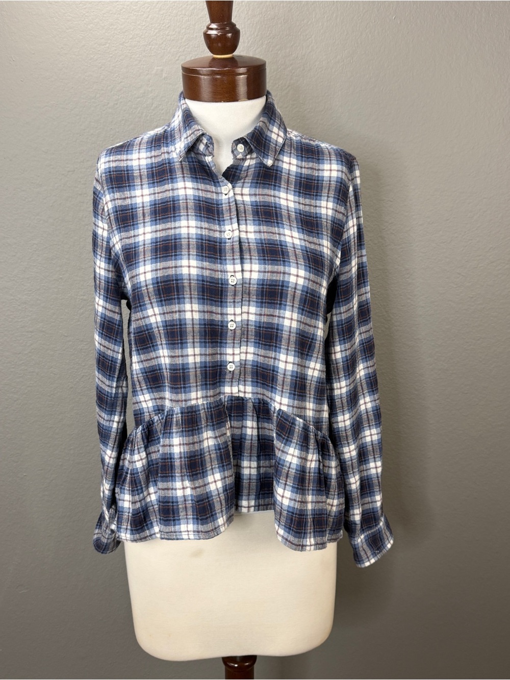 Birds Of Paradis Trovota Blue Multi Plaid Peplum Blouse Top Sz S Boho